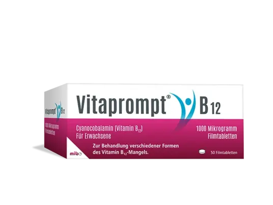 Schachtel mit Vitaprompt B12-Tabletten mit 1000 Mikrogramm Cyanocobalamin für Erwachsene, 50 Filmtabletten pro Packung.