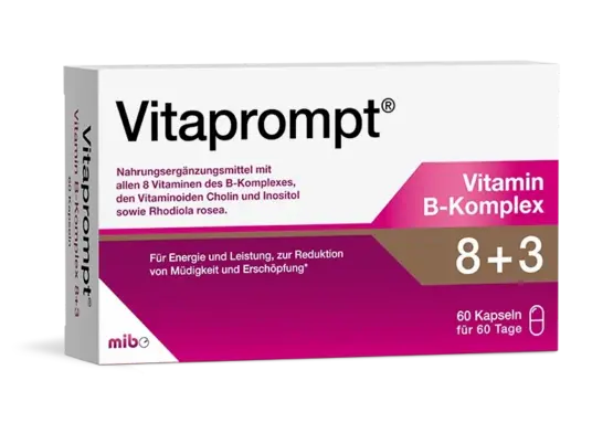 Schachtel Vitaprompt Vitamin B-Komplex mit 60 Kapseln für 60 Tage, mit Informationen in deutscher Sprache auf der Verpackung.