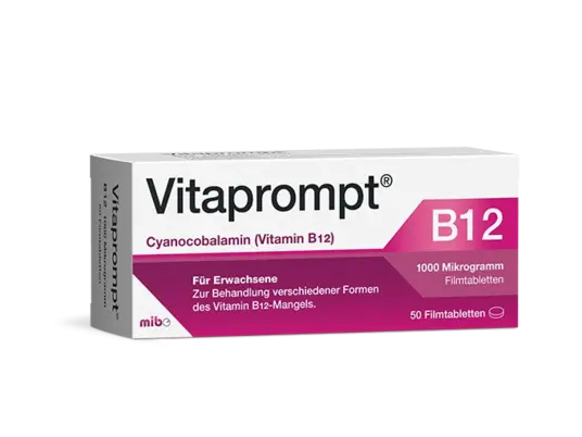 Schachtel mit Vitaprompt B12-Tabletten mit 1000 Mikrogramm Cyanocobalamin für Erwachsene, 50 Filmtabletten pro Packung.