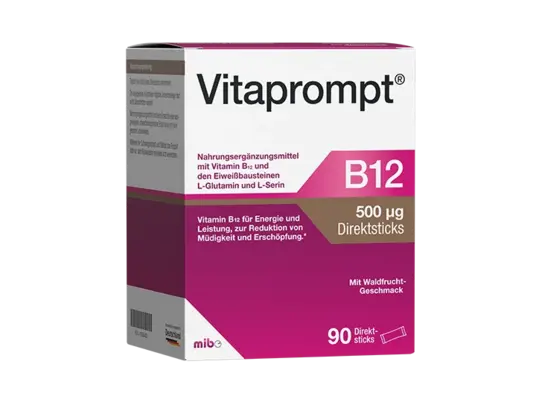 Eine Schachtel Vitaprompt B12-Ergänzungsmittel, 500 µg, 90 Direktstäbchen, Geschmacksrichtung Waldbeere, mit deutschem Text auf der Verpackung.